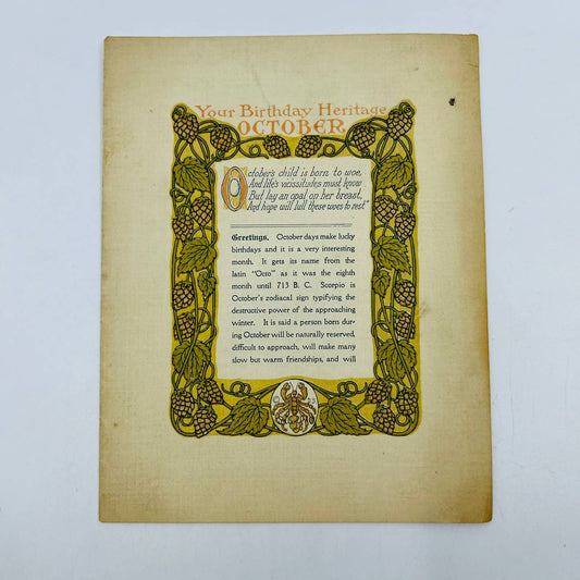 1910 Your Birthday Heritage October Scorpio Zodiac Birthday Card DesArts MA D4