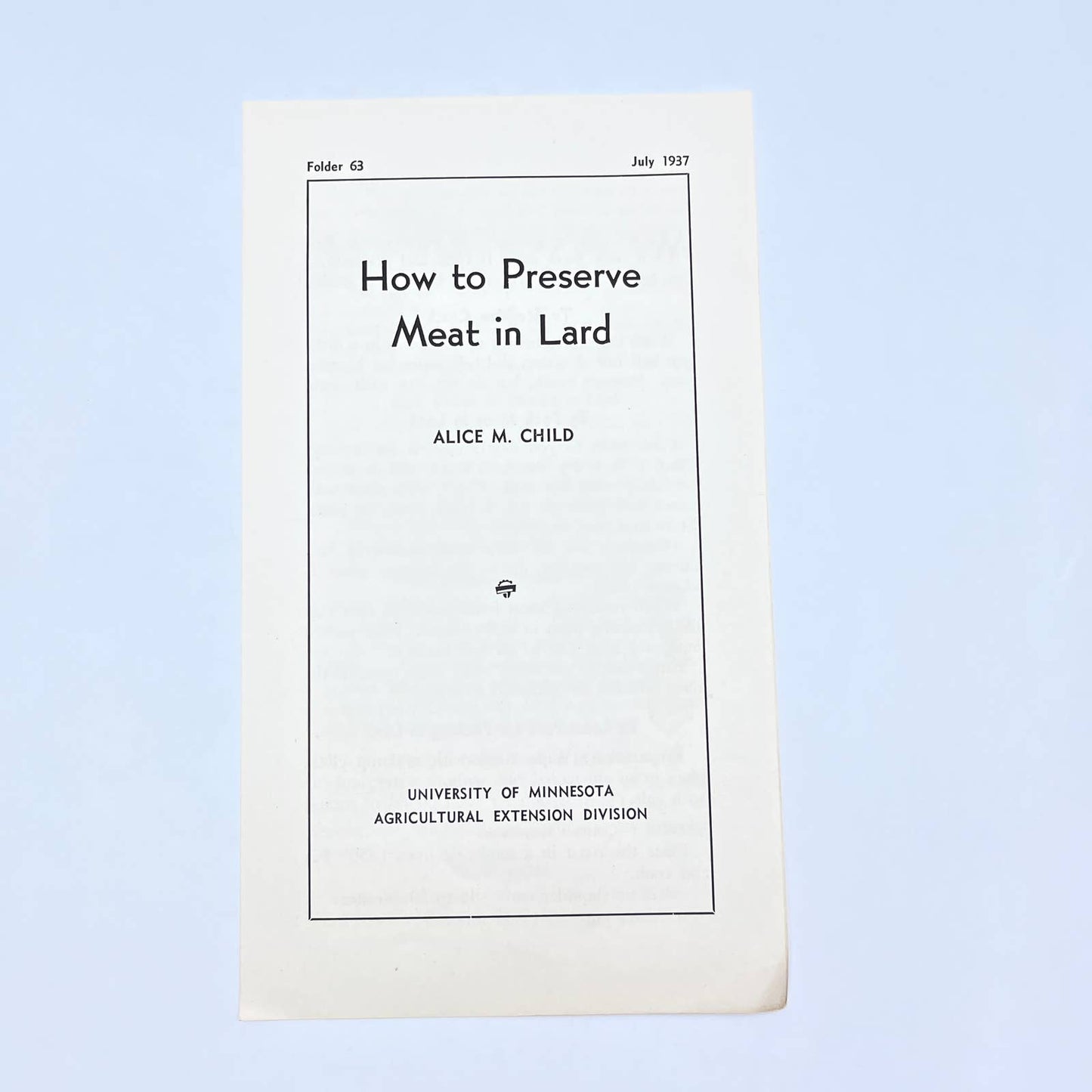 1937 How to Preserve Meat in Lard Leaflet Alice Child University of MN AC1