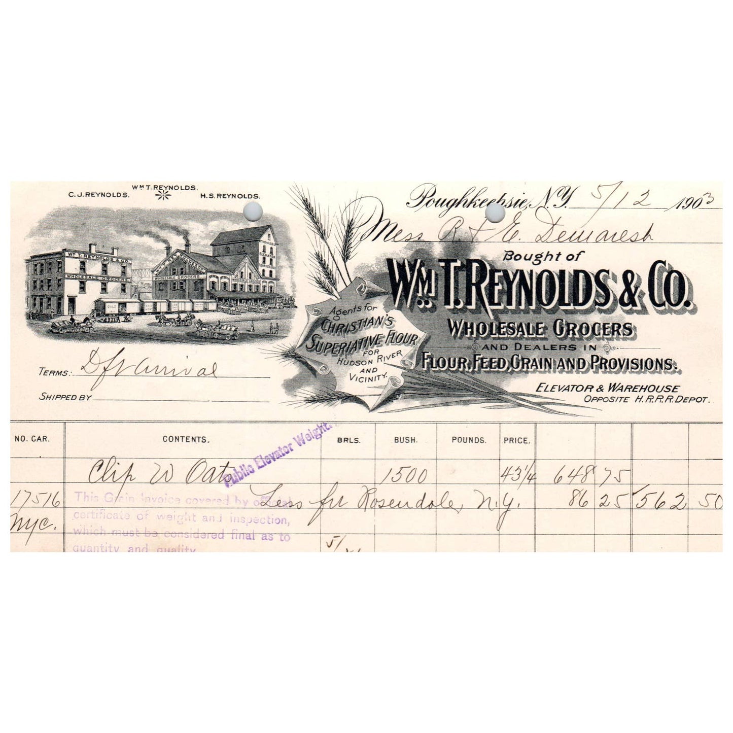 1903 Wm T. Reynolds Wholesale Grocers Letterhead Billhead Poughkeepsie NY AD1