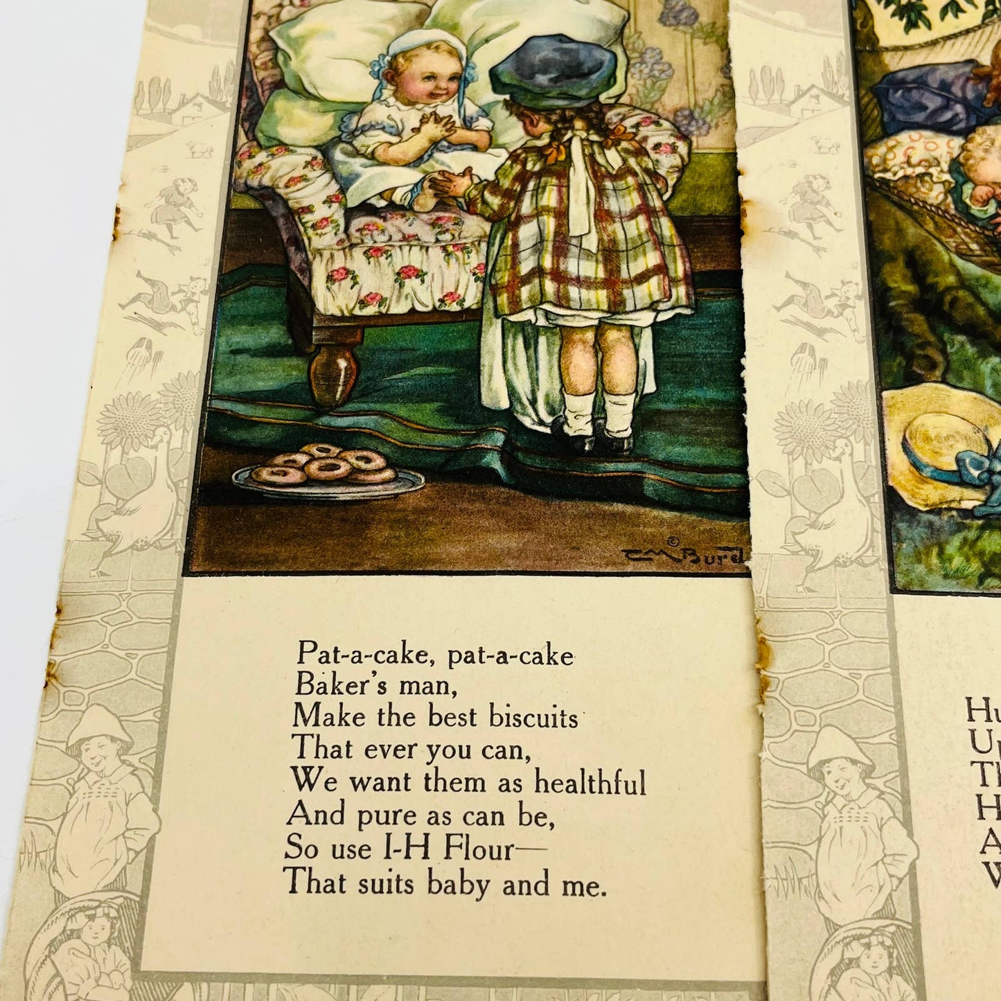 Antique c1900 Set of 4 Double Side Children Nursery Rhyme Lithograph CM Burd C7