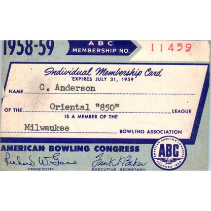 1958 American Bowling Congress Milwaukee Membership Card Oriental 850 SE5-55