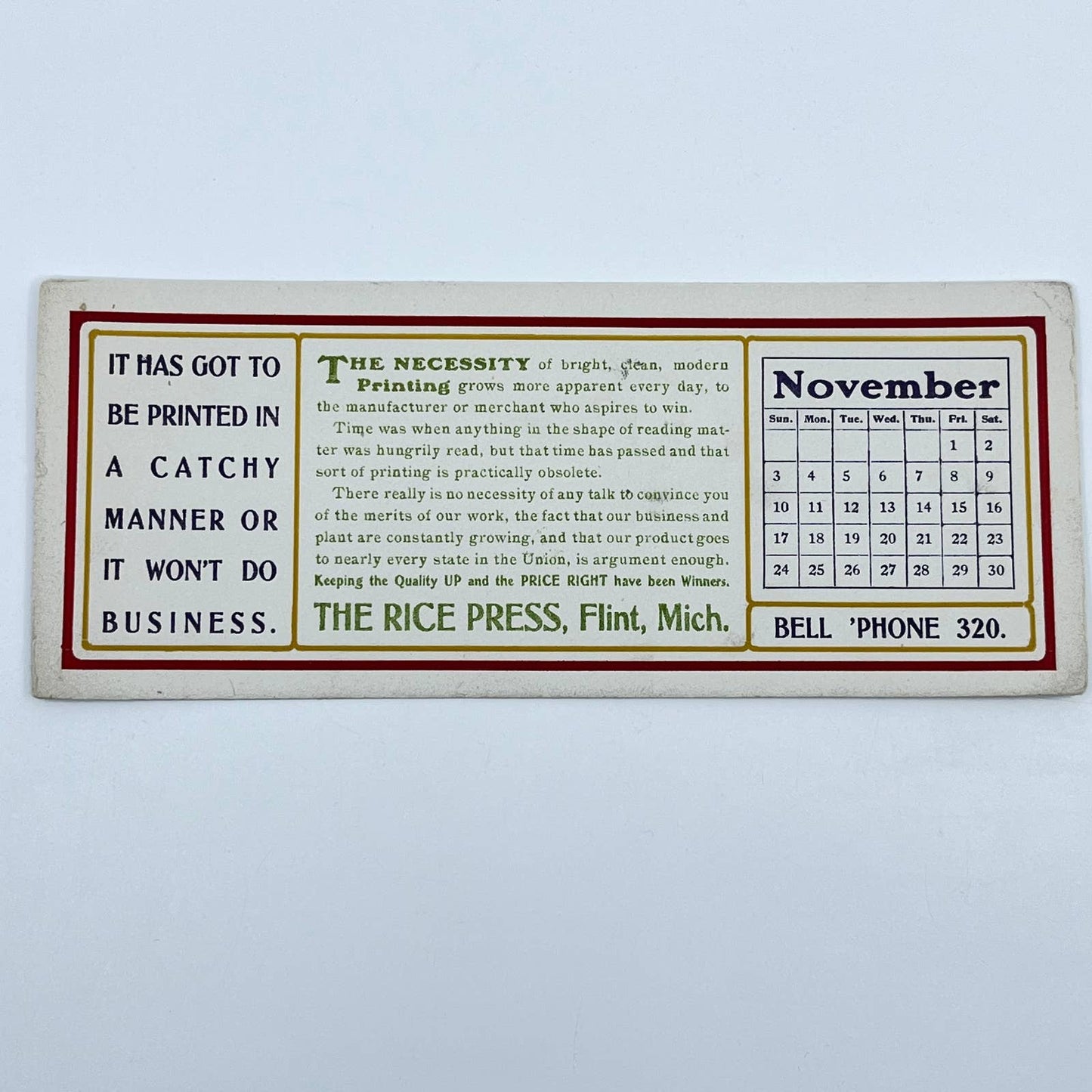 1910s Blotter Card The Rice Press November Calendar Flint MI SC8