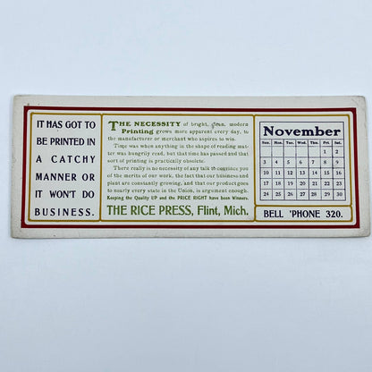1910s Blotter Card The Rice Press November Calendar Flint MI SC8