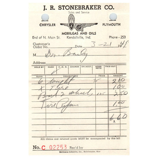 1949 JR Stonebraker Co. Mobilgas and Oils Letterhead Kendallville IN AD8-3