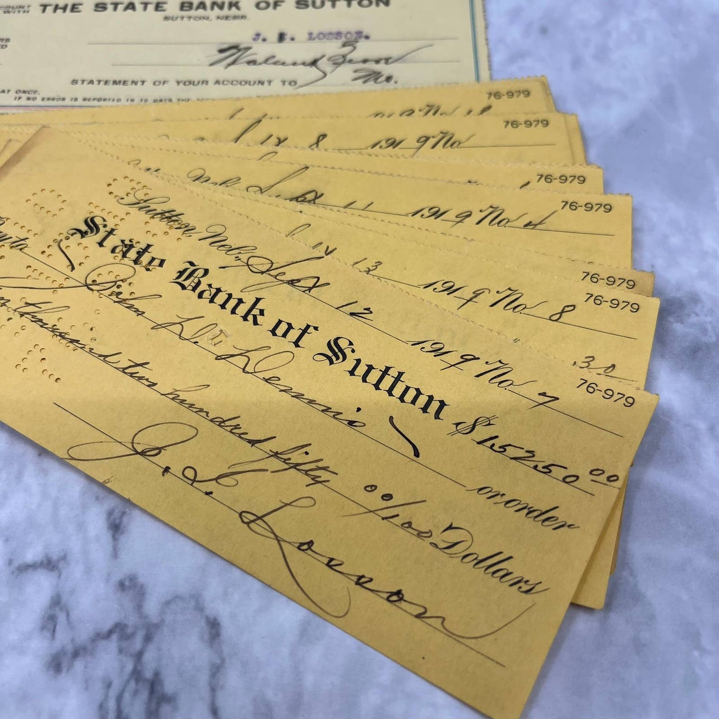 1919 State Bank of Sutton NE Statement & Checks J.L. Losson EA4