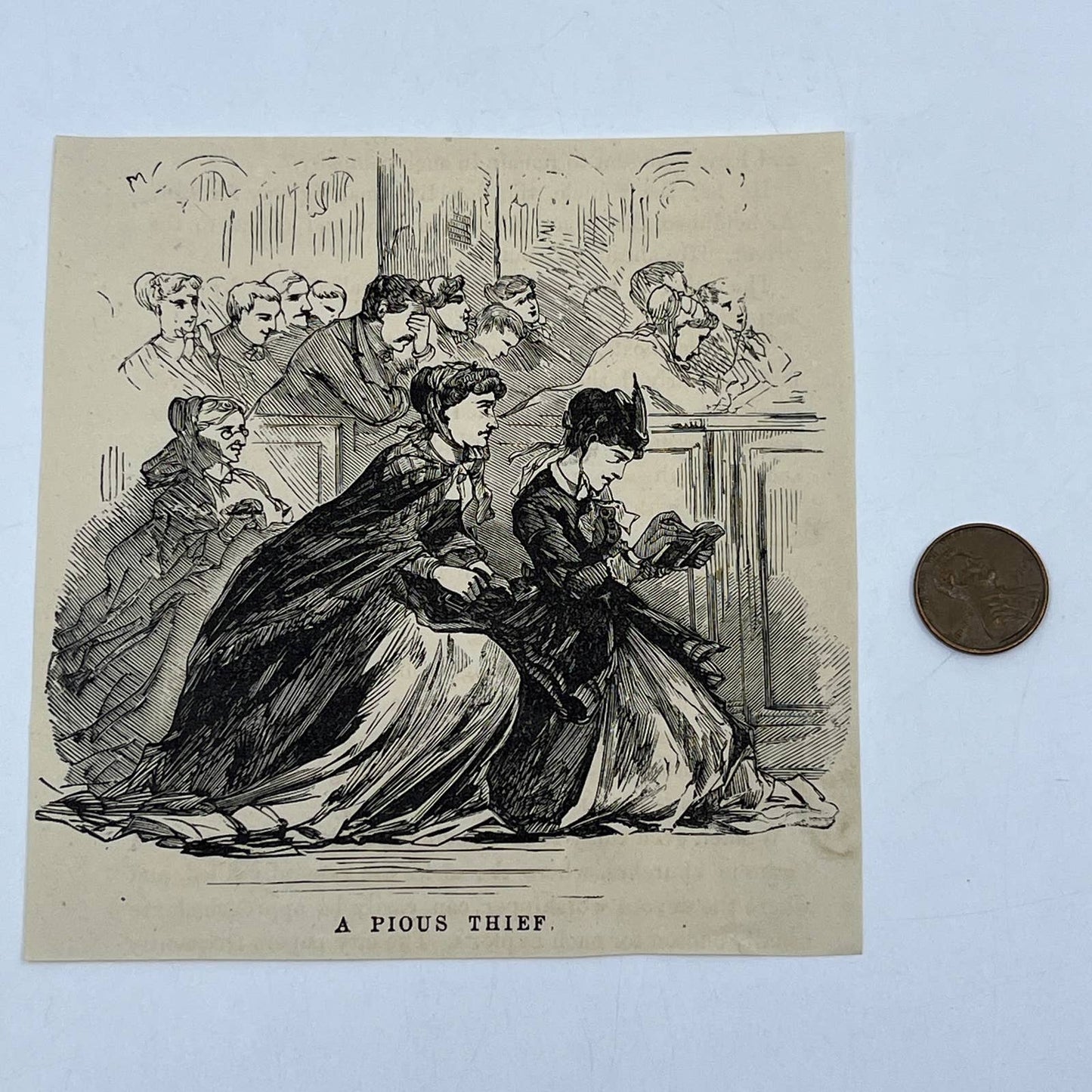 1880s Original Art Print Engraving A Pious Thief Victorian New York ~4.5" AC9