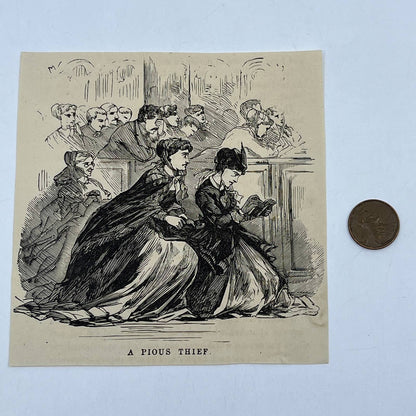 1880s Original Art Print Engraving A Pious Thief Victorian New York ~4.5" AC9