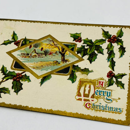 1910s Christmas Post Card Embossed Cottage Mill Farm Snow Holly Gilt PA4