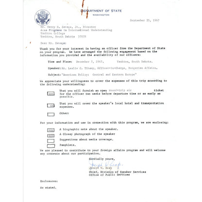 Official US Department of State Letterhead Memo Joseph W. Reap 9/25/67 B16