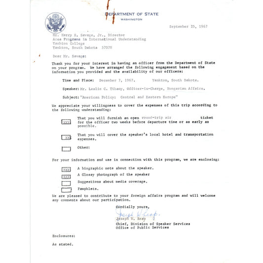 Official US Department of State Letterhead Memo Joseph W. Reap 9/25/67 B16
