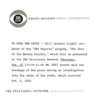 c1960 Press Photo Bill Leonard The Case of the Boston Electra CBS Reports TJ7-2