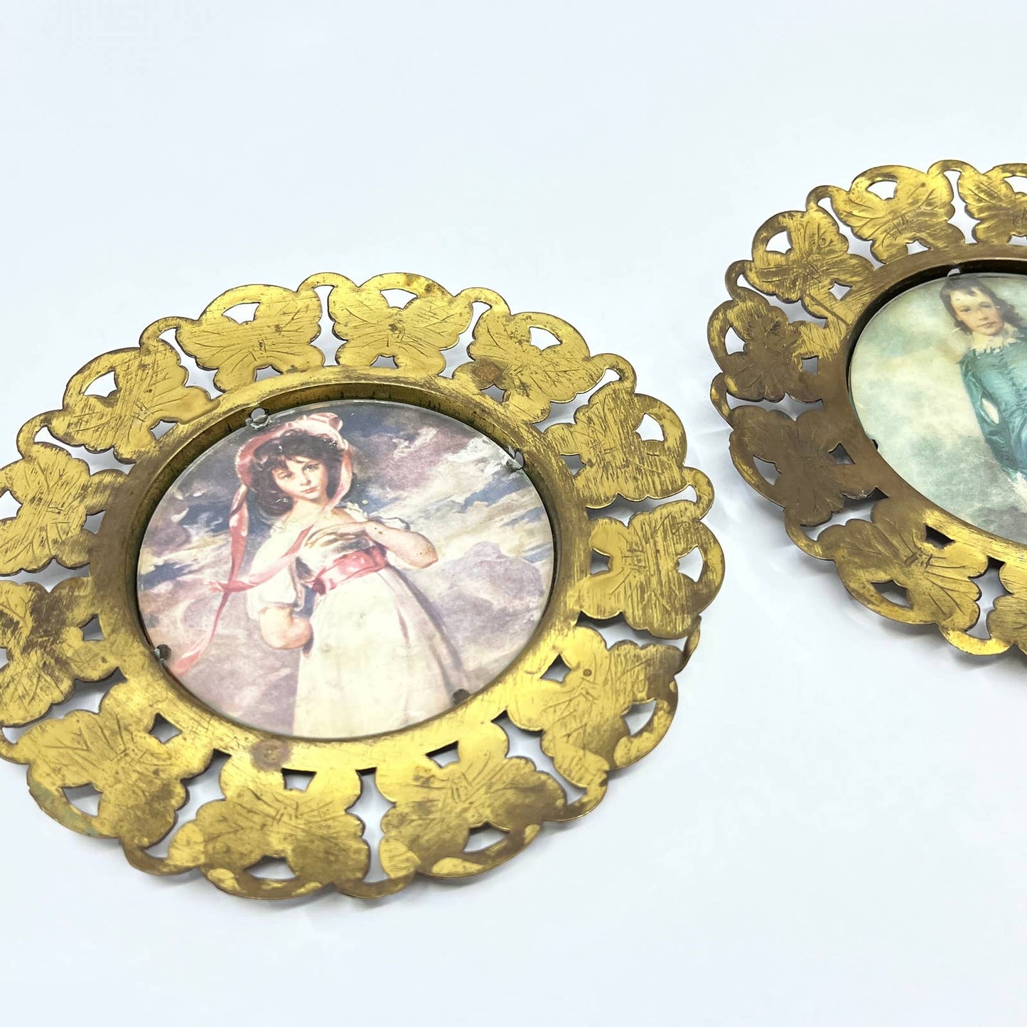 2 Vtg Brass Butterfly 6" Round Picture Frames Pinky & Blue boy England TG3