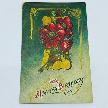 1910s Birthday Post Card WINSCH Back Art Deco Embossed Poppies Dresden PA5-2