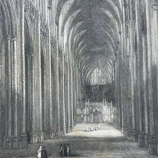 1836 Original Art Engraving Winchester Cathedral View of Nave Looking East AC6