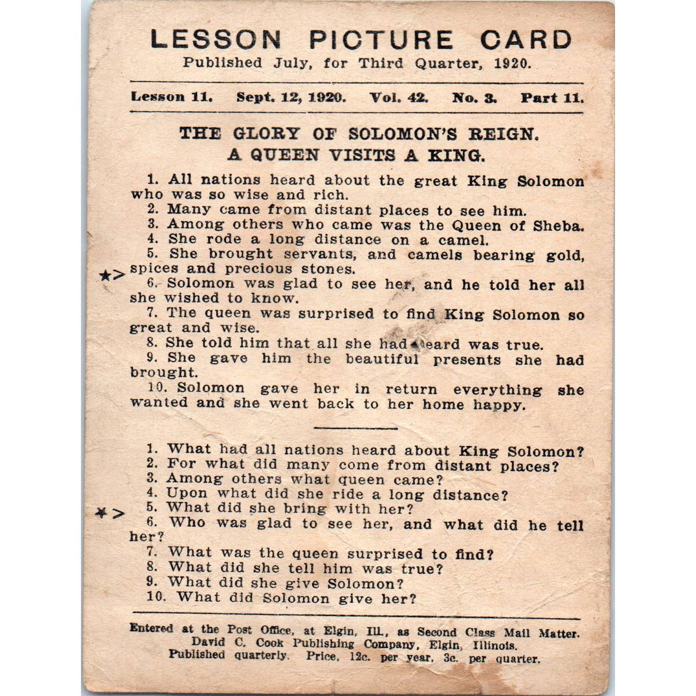 1920 Christian Lesson Picture Card The Glory of Solomon's Reign Kings 10 SE5