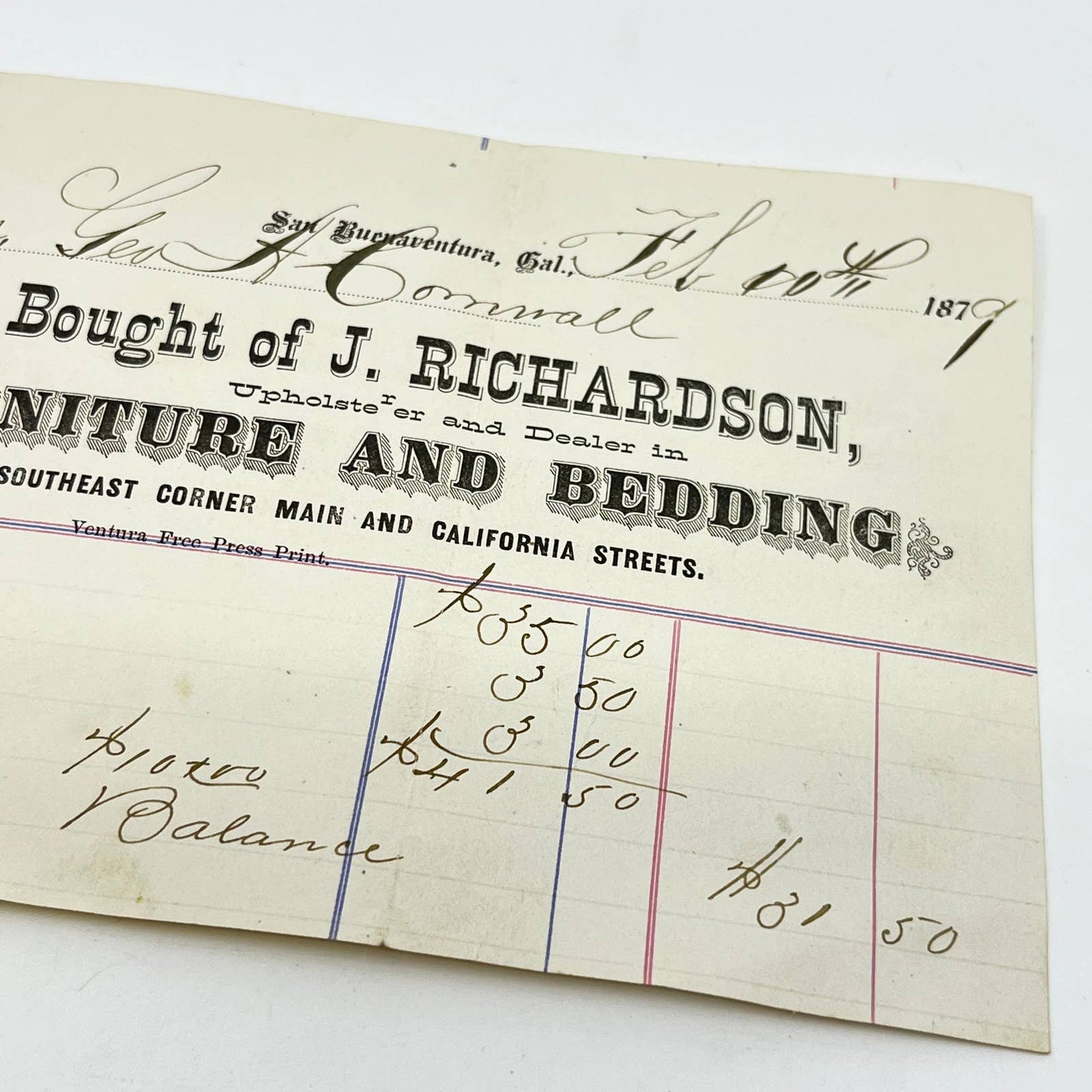 1879 Letterhead Billhead J. Richardson Furniture San Buenaventura California D7