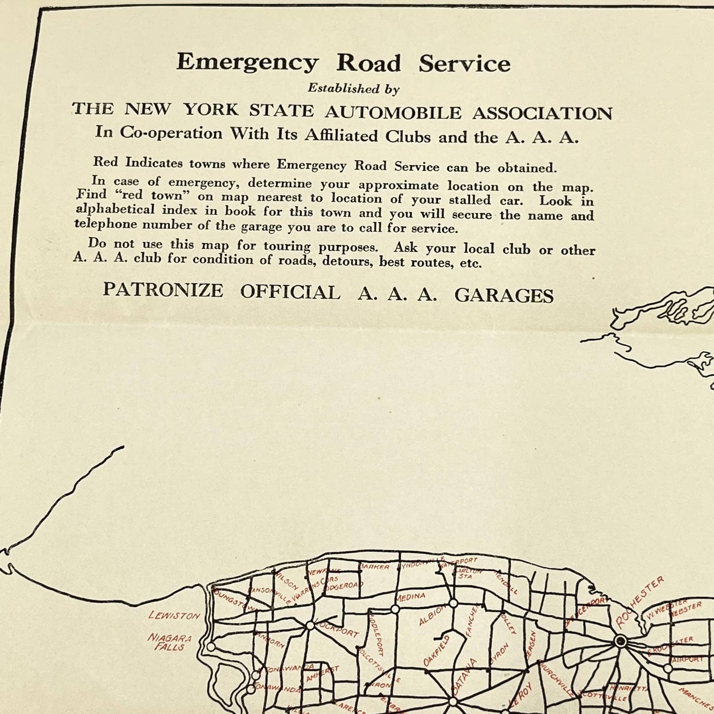 1927 AAA Emergency Roadside Service Map of New York State 15 x 17” SC6