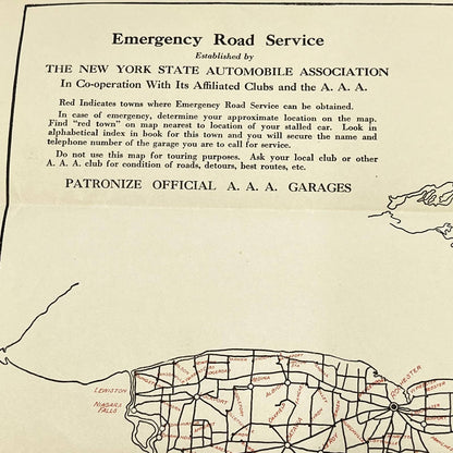 1927 AAA Emergency Roadside Service Map of New York State 15 x 17” SC6