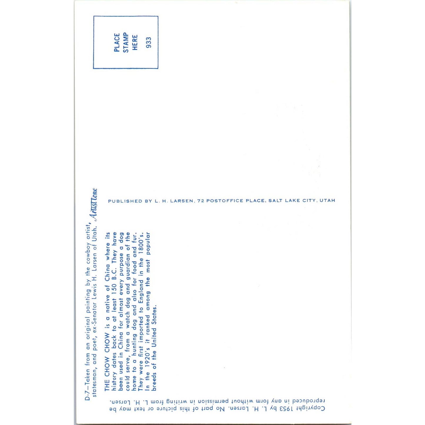 Lewis H. Larsen 1953 The Chow Chow Dog Painting Original Postcard TK1-27-2
