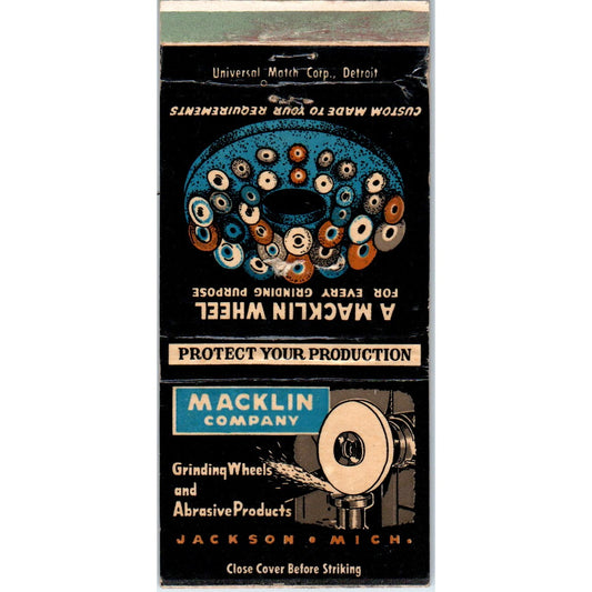 Macklin Company Grinding Wheel Jackson MI Advertising Matchbook Cover MM9-6