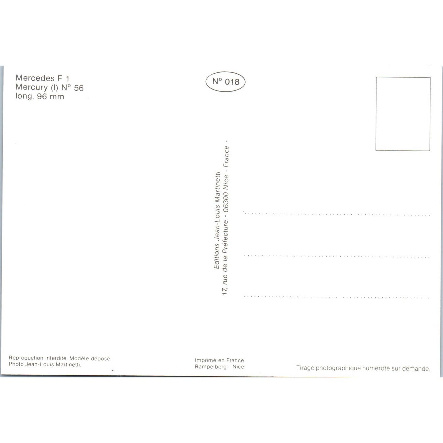 Mercedes F 1 Mercury N 56 French Toy Race Car Original Postcard TK1-P18