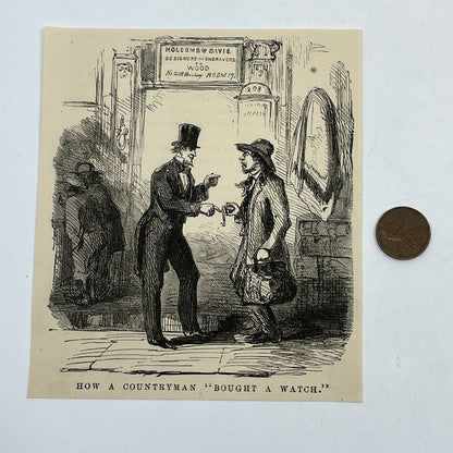 1880s Original Art Print Engraving How a Countryman Bought a Watch NY ~4.5" AC9