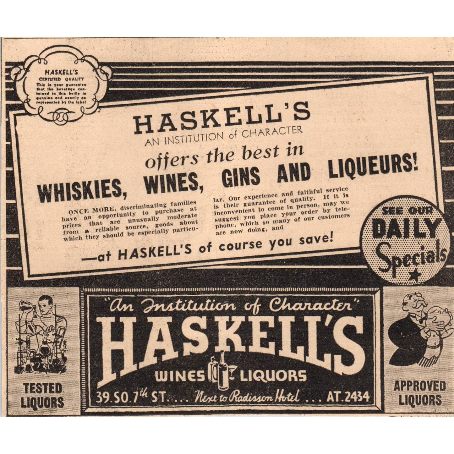 1935 Minneapolis Journal Newspaper Ad Haskell's Wine & Liquor S. 7th St. FL5-5
