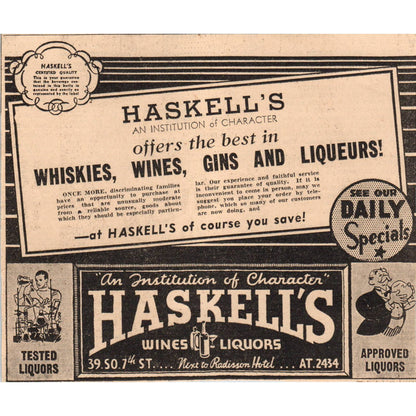 1935 Minneapolis Journal Newspaper Ad Haskell's Wine & Liquor S. 7th St. FL5-5
