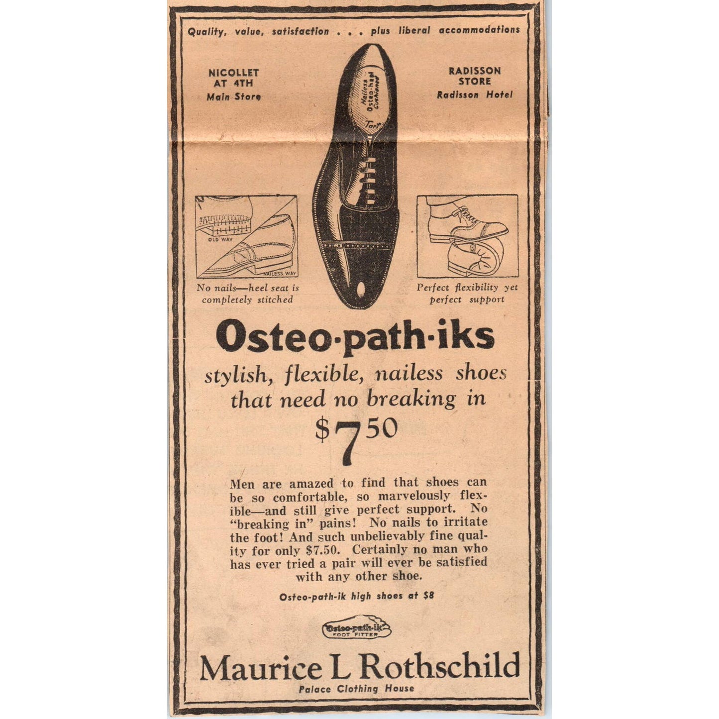 1935 Mpls Journal Newspaper Ad Maurice L Rothschild Osteo-Path-Iks Shoes FL5-3-2