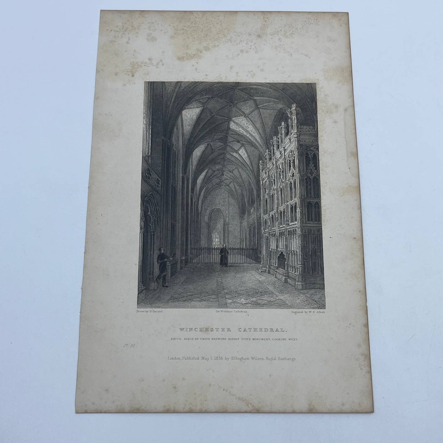1836 Original Art Engraving Winchester Cathedral View South Aisle of Choir AC6