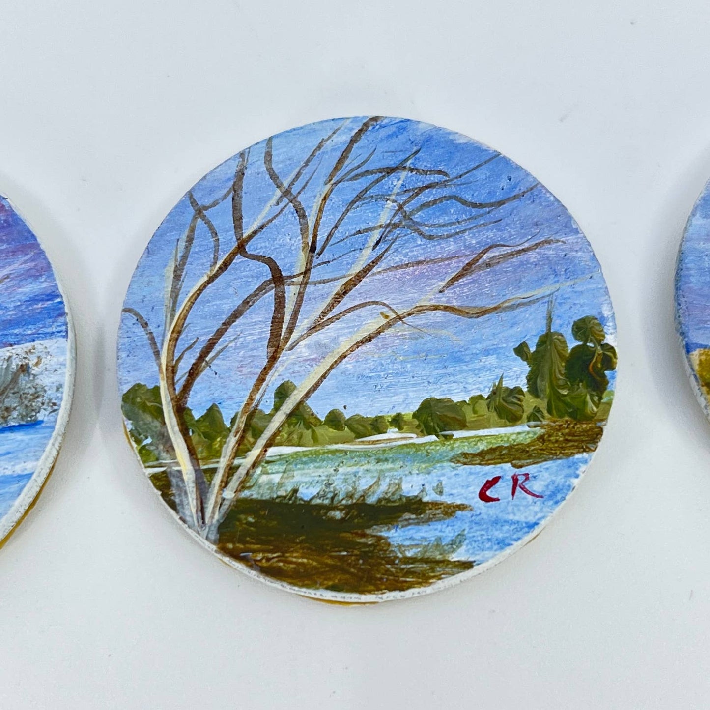 Vintage Lot of 3 Hand Painted Refrigerator Magnets Outdoor Nature Scenes TE7