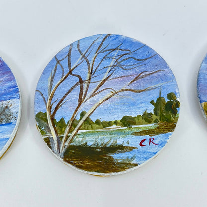 Vintage Lot of 3 Hand Painted Refrigerator Magnets Outdoor Nature Scenes TE7