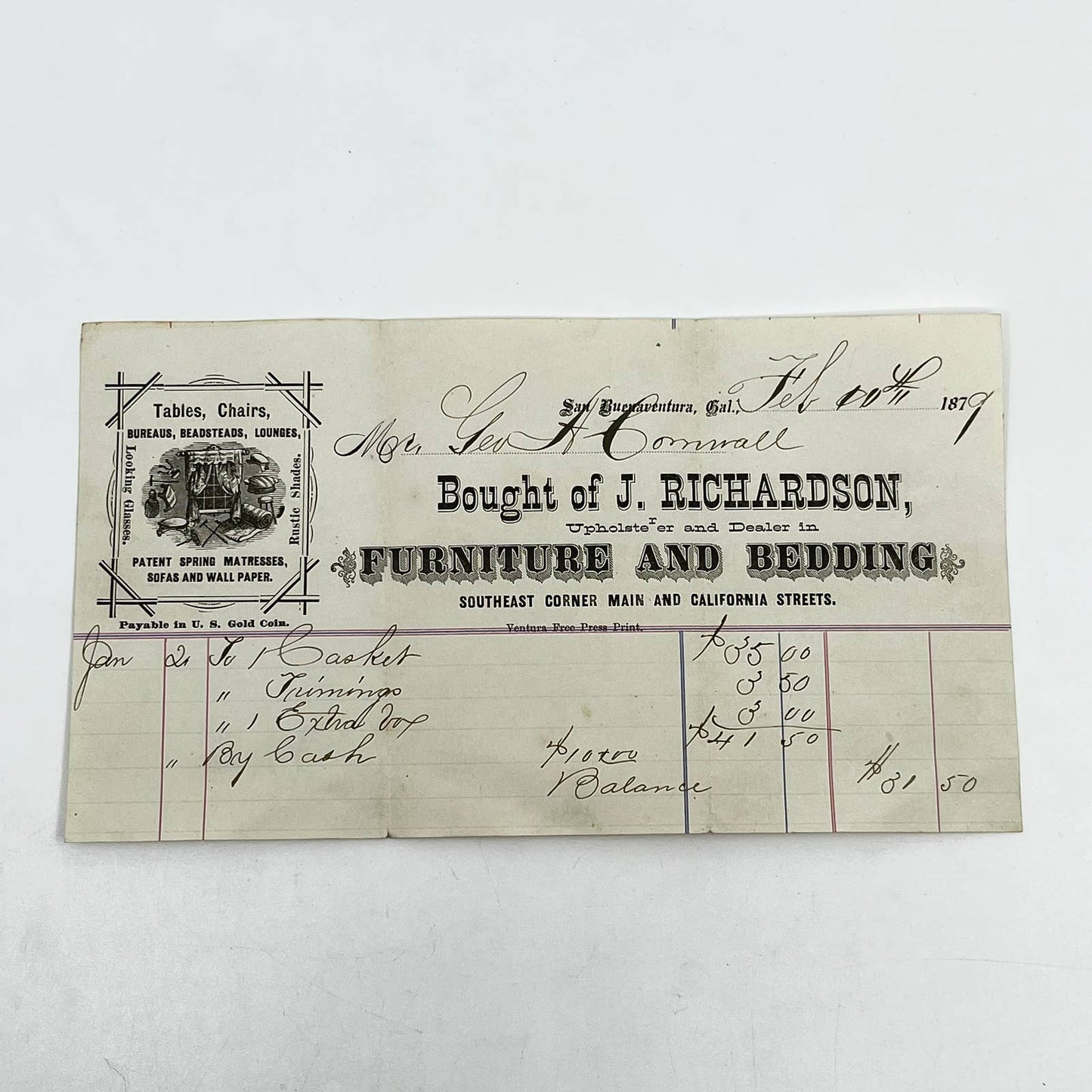 1879 Letterhead Billhead J. Richardson Furniture San Buenaventura California D7