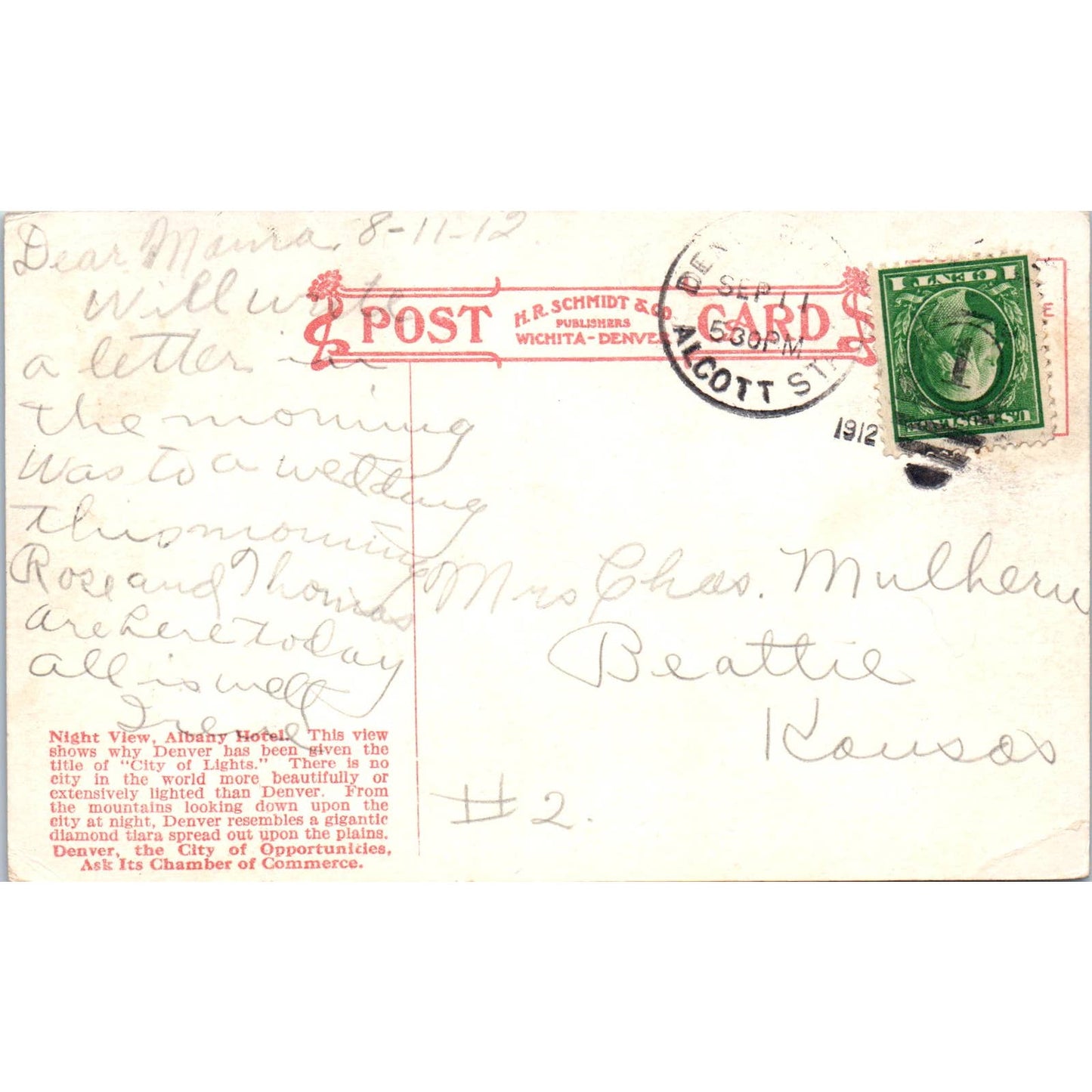 Night View Albany Hotel 1912 Denver Colorado Original Postcard TK1-28