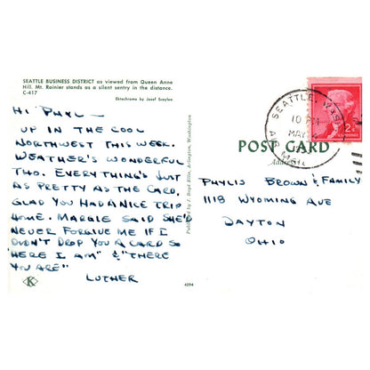 Vintage Postcard - Seattle Business District View from Queen Anne Hill TJ7-1