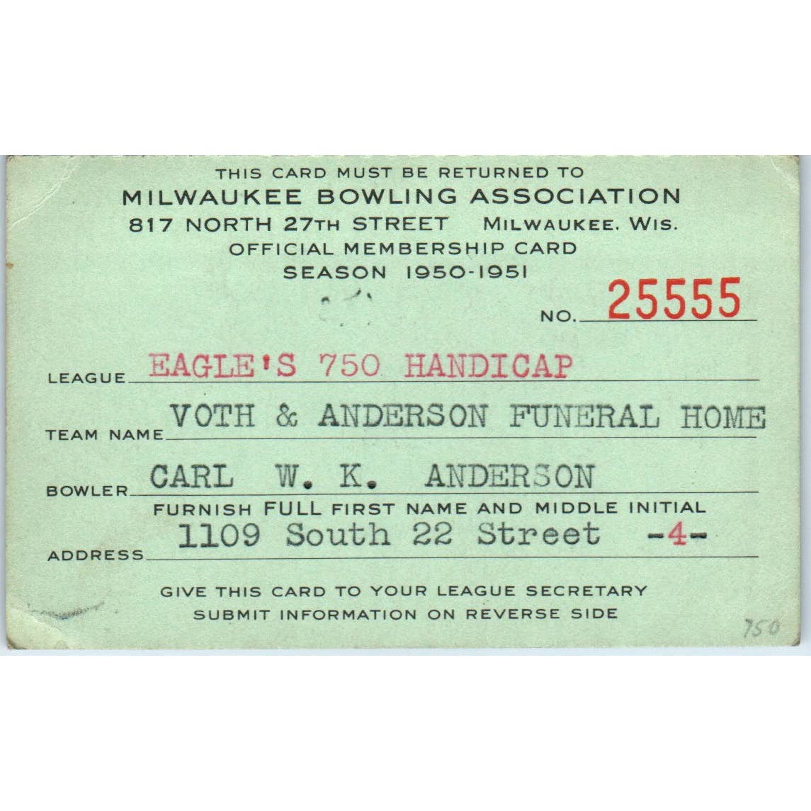 1950 Milwaukee Bowling Association Membership Card Carl W. K. Anderson SE5-7