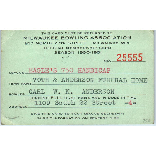 1950 Milwaukee Bowling Association Membership Card Carl W. K. Anderson SE5-7
