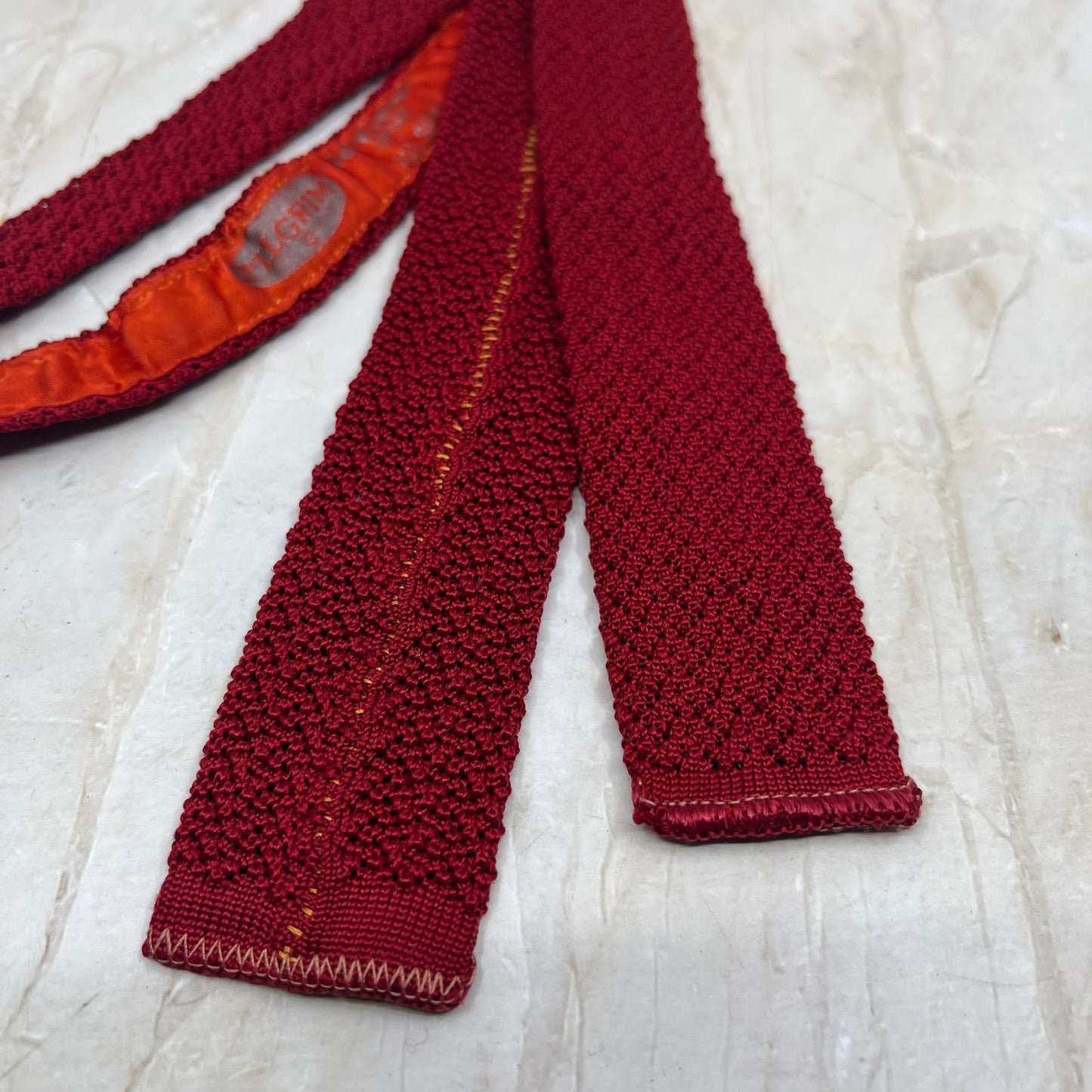 1960s Men's Pilgrim All Silk NECKTIE Tie Skinny Square End Red Crochet Knit TC9