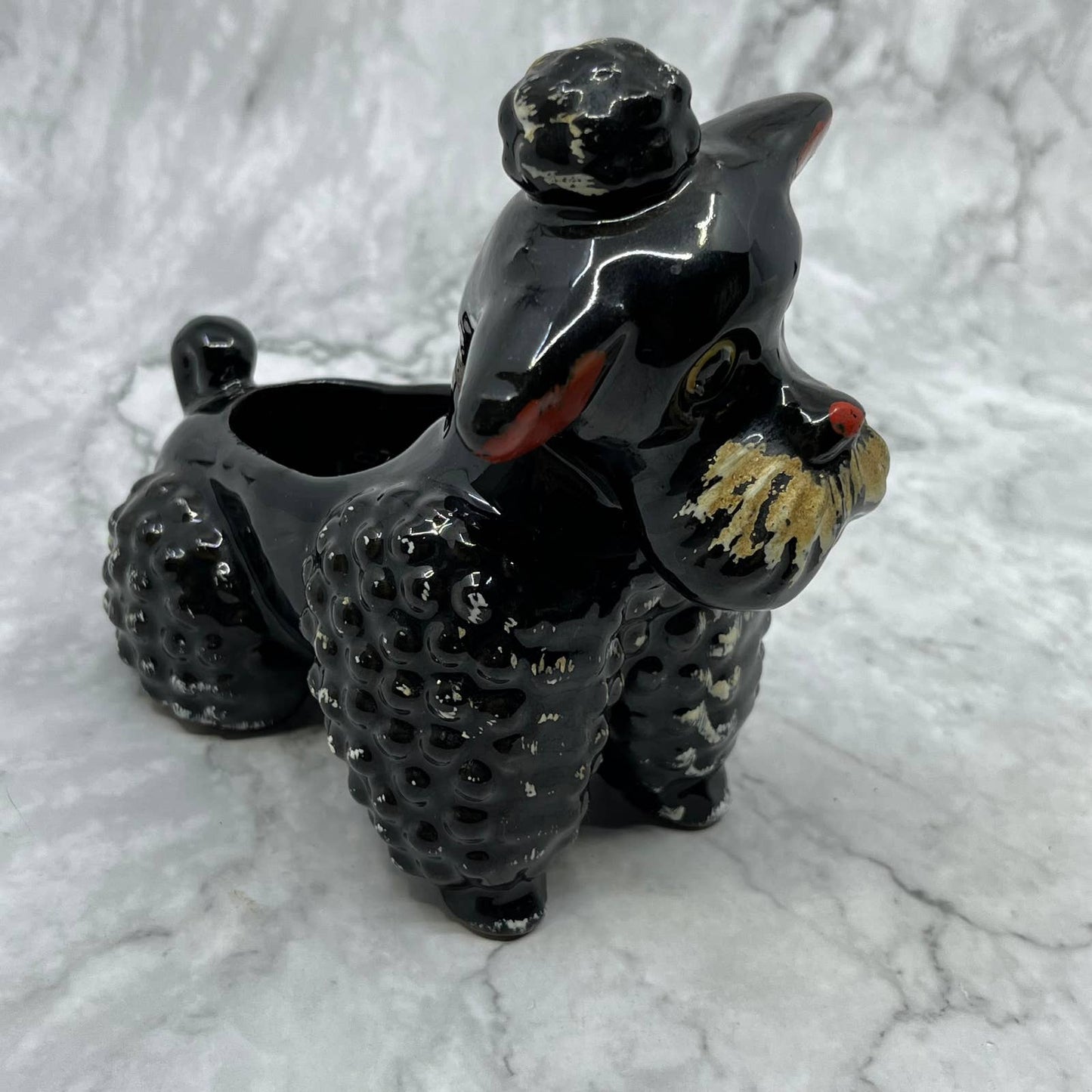 1950s Black Poodle Dog Planter Ceramic Redware Black And White 6x6.5 TJ1