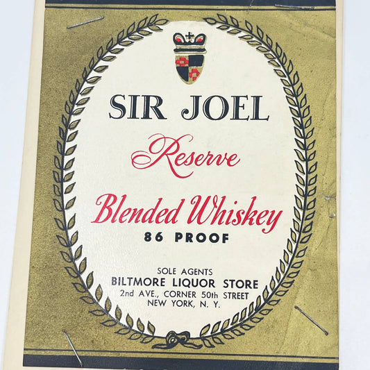 Sir Joel Reserve Whiskey Label Biltmore Liquor Store 50th St. New York NY