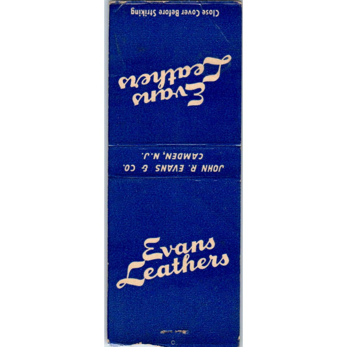 John R. Evans Leathers Camden NJ Advertising Matchbook Cover SA9-M1
