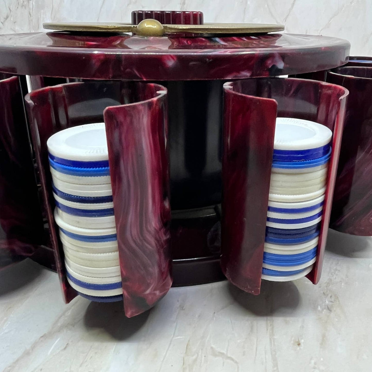 Vintage Turnit Poker Chip Caddy / Cranberry Marbled Bakelite WORKS 10” TC5