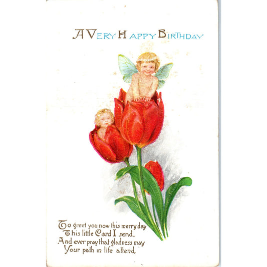 Birthday Fairies Face in Flower Tulips Embossed c1920 Original Postcard P1-12-2