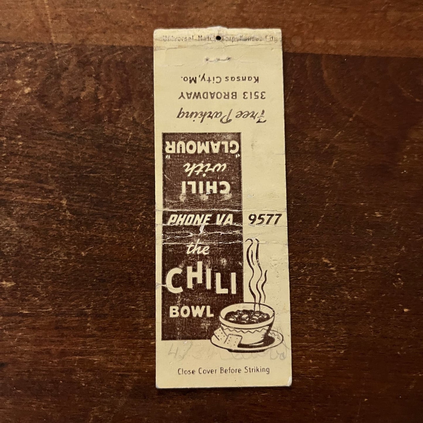 The Chili Bowl Restaurant Kansas City MO Advertising Matchbook Cover SB3-M3