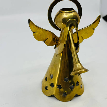 1980s Solid Brass Angel Candle Holder Trumpet & Star India TD4