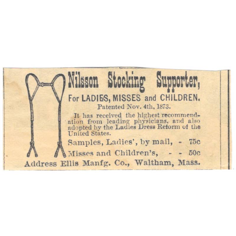 Nilsson Stocking Supporter Ellis Mfg Co Waltham MA - Ad 1878 Original TJ7-L2-4