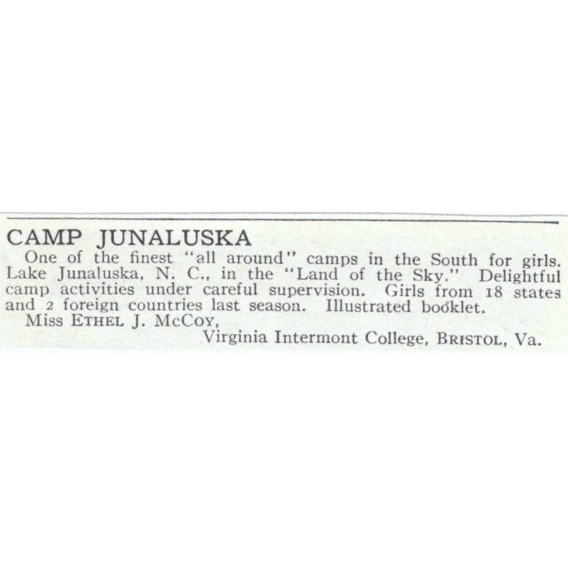 Camp Junaluska NC Ethel J. McCoy - 1921 Original Ad TJ7-S6