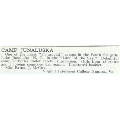 Camp Junaluska NC Ethel J. McCoy - 1921 Original Ad TJ7-S6