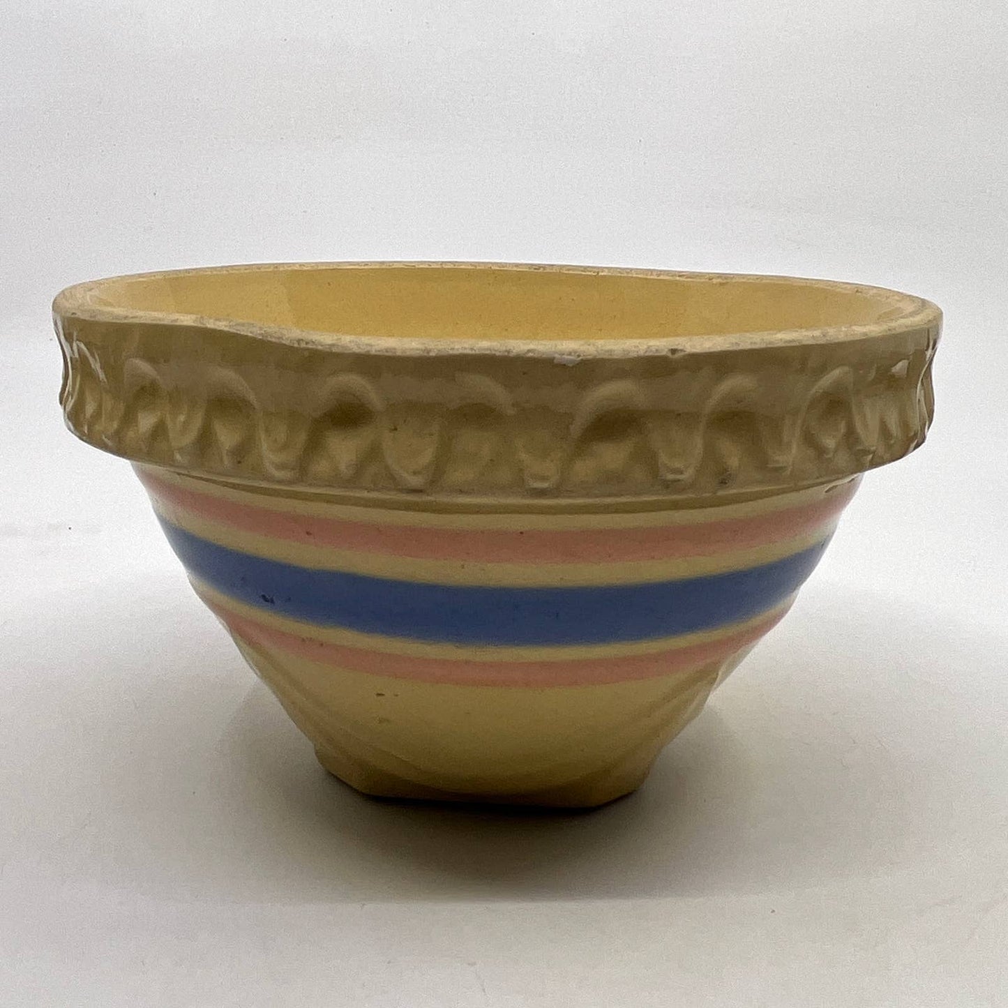 Vintage McCoy Yellow Ware Blue Pink Striped Mixing Bowl 5” Pie Crust Rim TH5