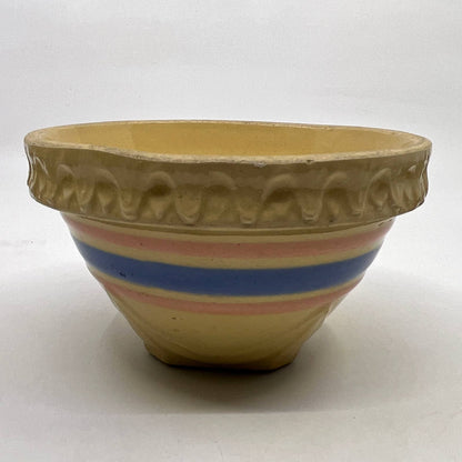 Vintage McCoy Yellow Ware Blue Pink Striped Mixing Bowl 5” Pie Crust Rim TH5